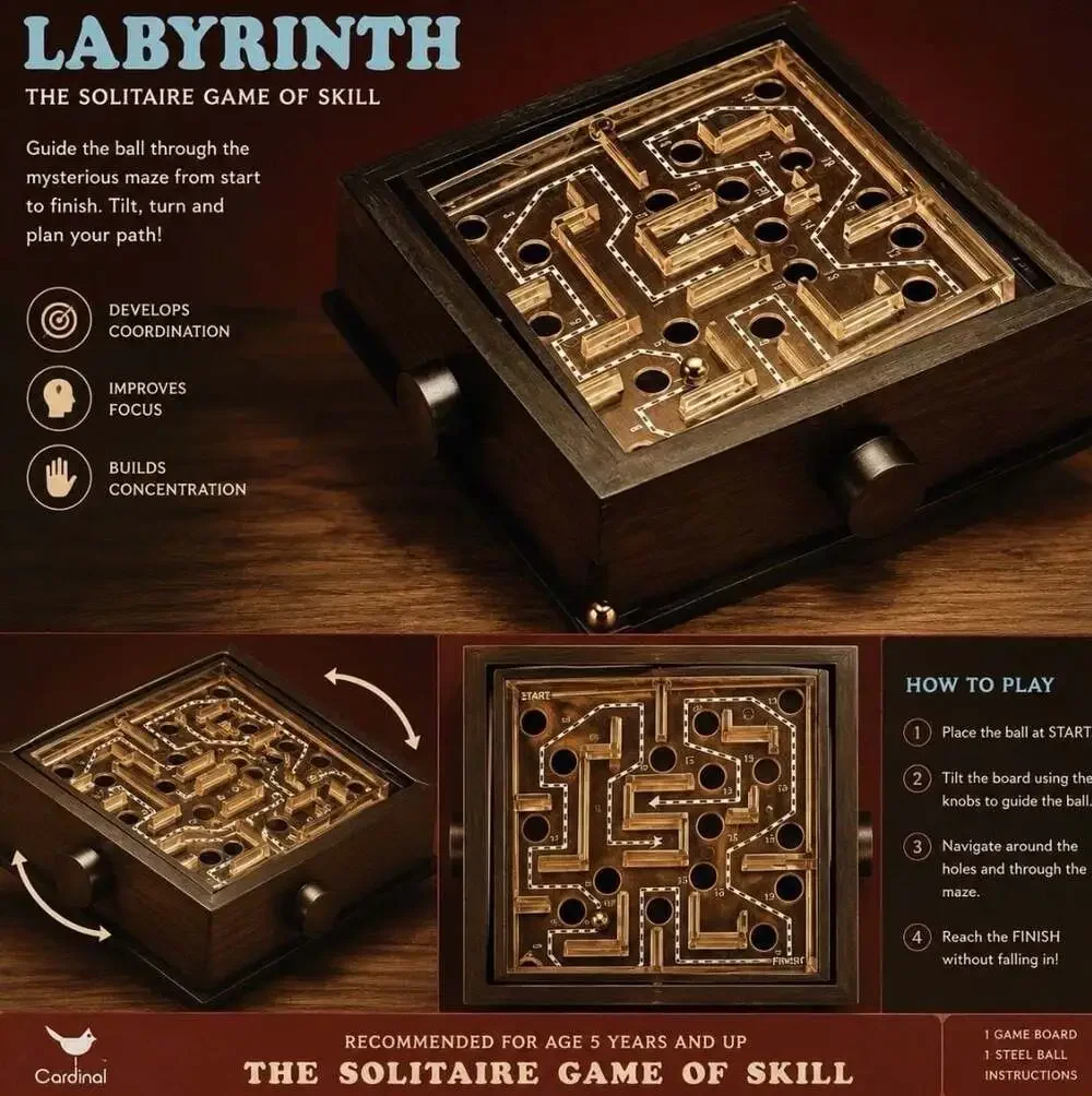 Vintage 1987 Cardinal Travel Labyrinth Maze Game Solitaire Skill 6x6 In Box